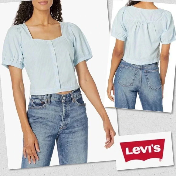 Levi's Simone Striped Puff Sleeve Top Cropped Blouse Size L - NWT - Picture 1 of 5